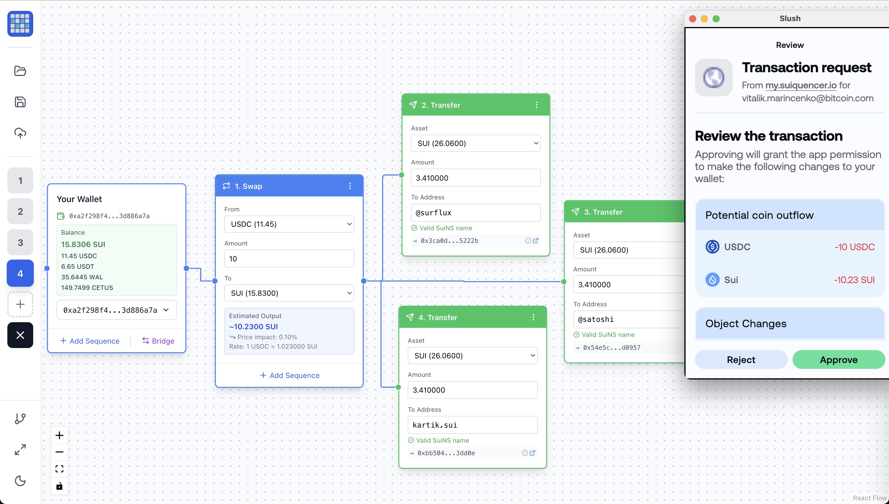 Swap to multiple transfers flow example